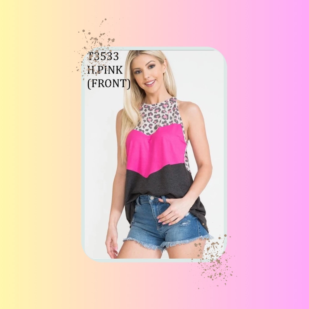 Halter Neck Leopard, Color-Block in Hot Pink Tank by Now N Fovever